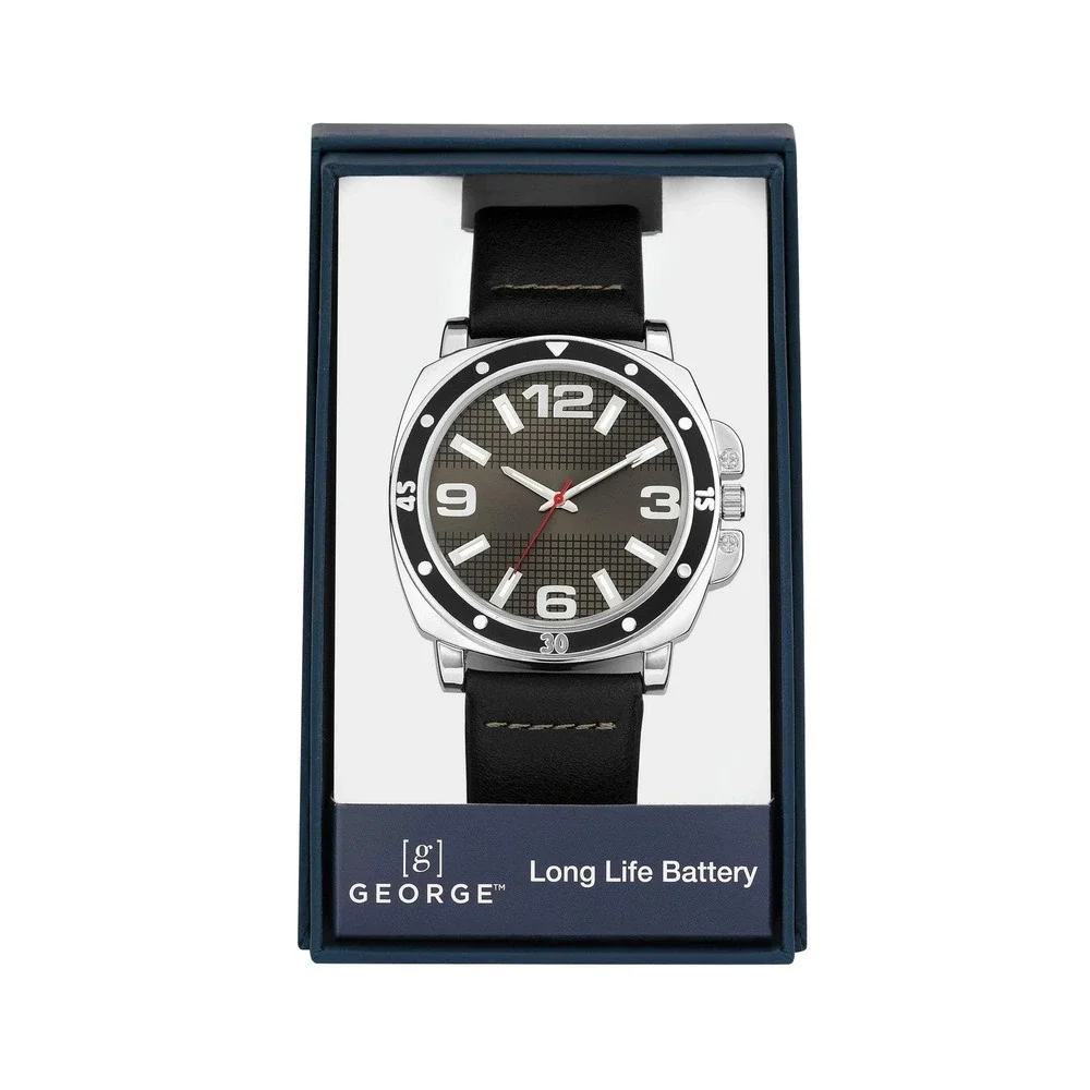 George Silver Tone Black Case Vegan Leather Strap Mens‎ Analog Watch NEW